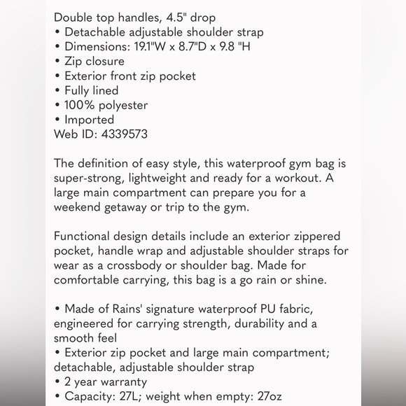 NEW Rains Gym Duffle/ Weekender Bag Black - Picture 2 of 15